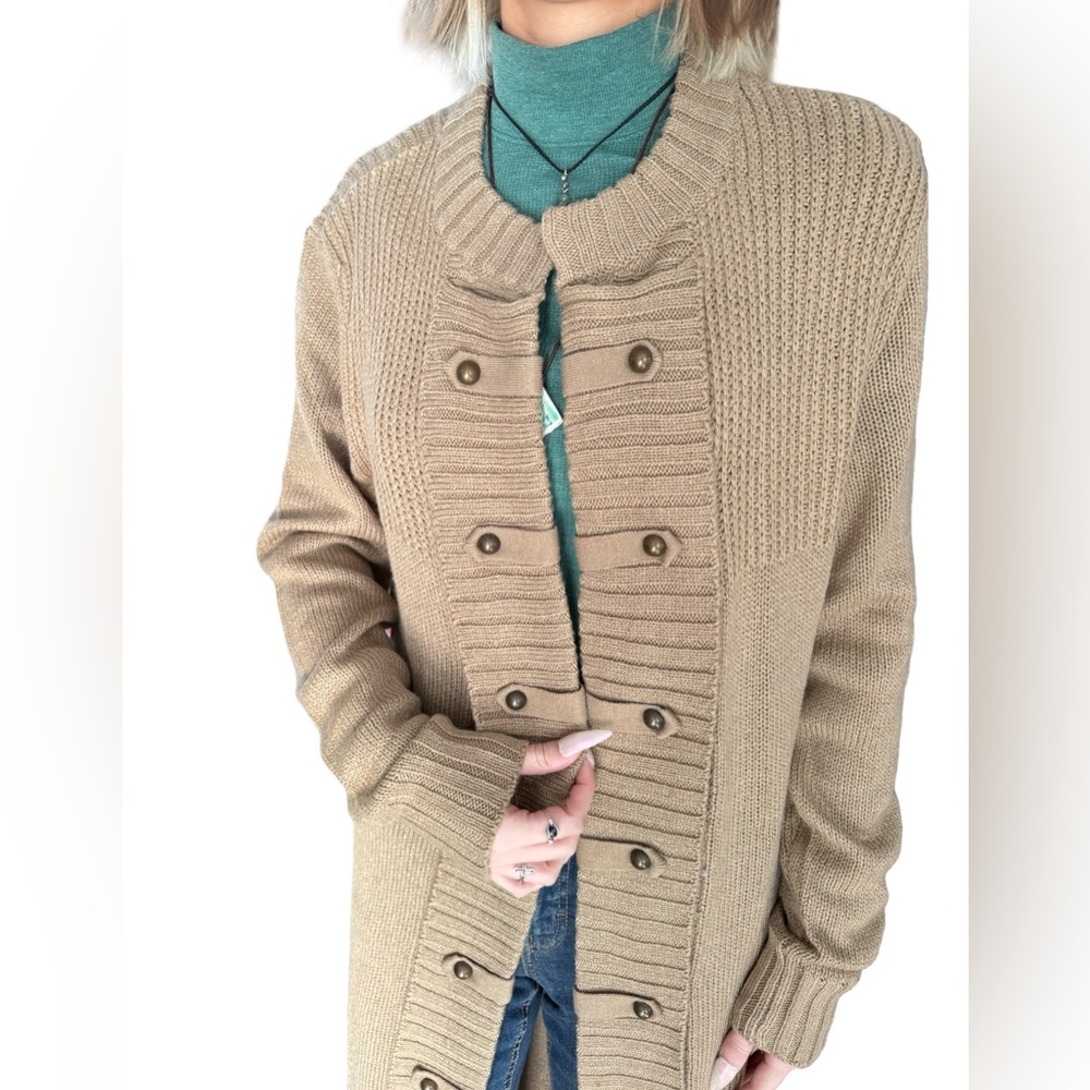 VENUS Long Camel Button-Front Ribbed Cardigan - Picture 2 of 12